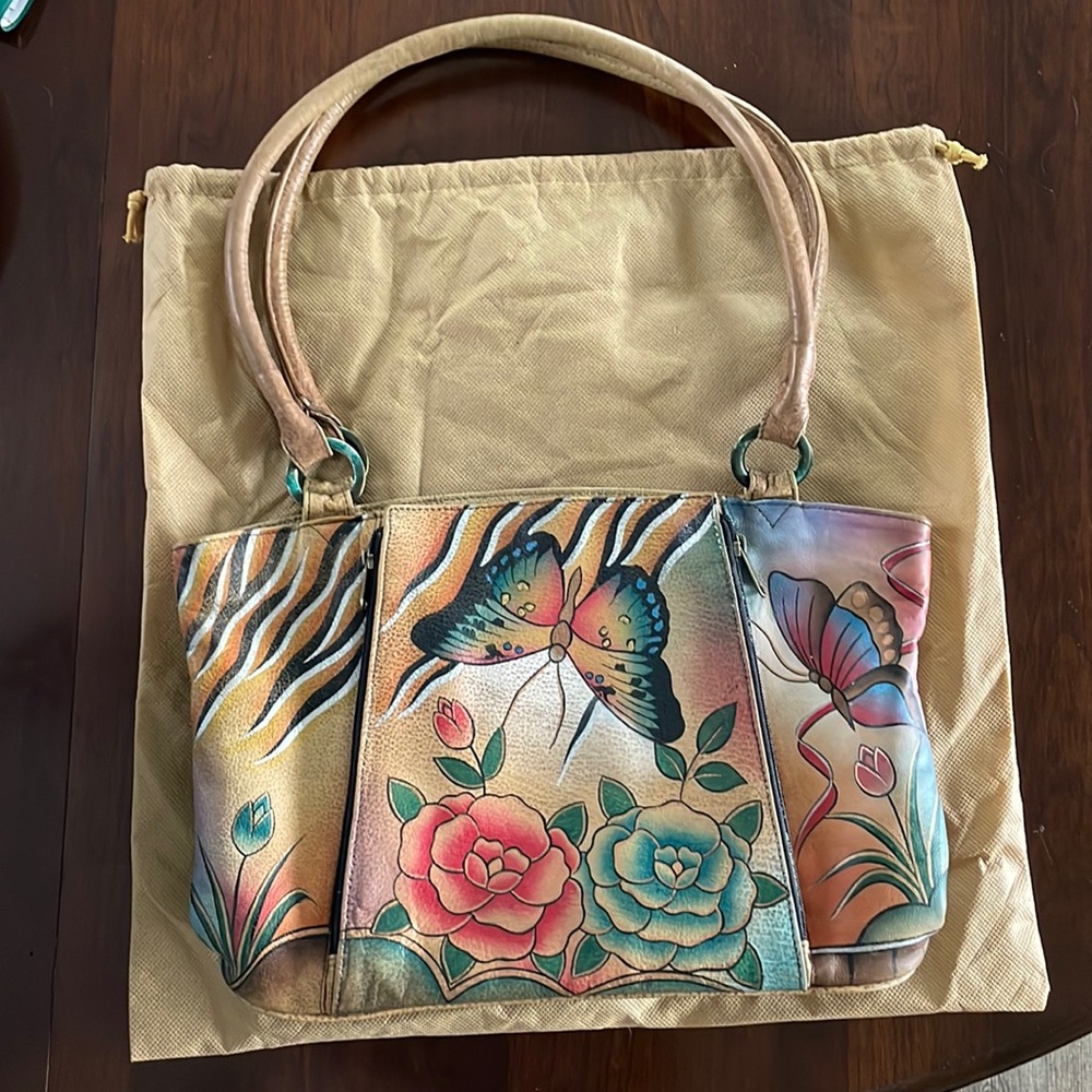 Anna by Anuschka Women's Hanpainted Leather Organizer Tote -Used condition